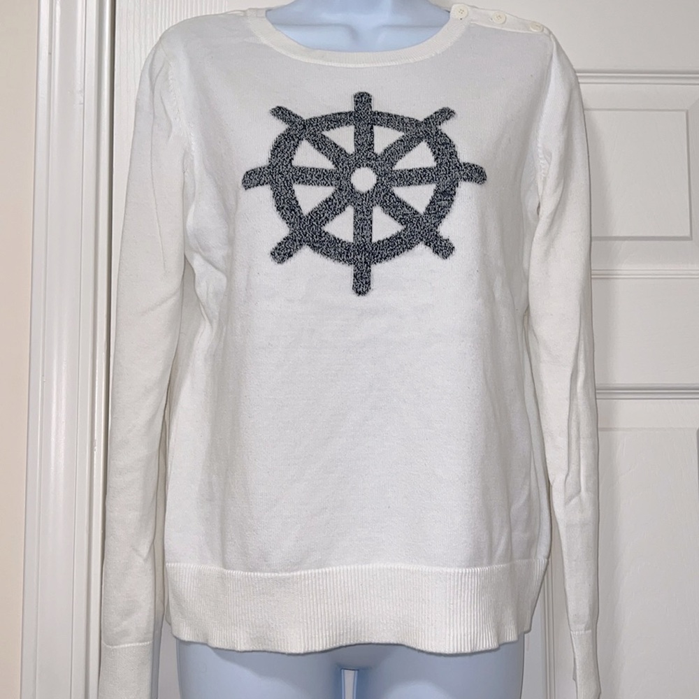 Nautica Ivory Cotton Sweater with Ship's Wheel